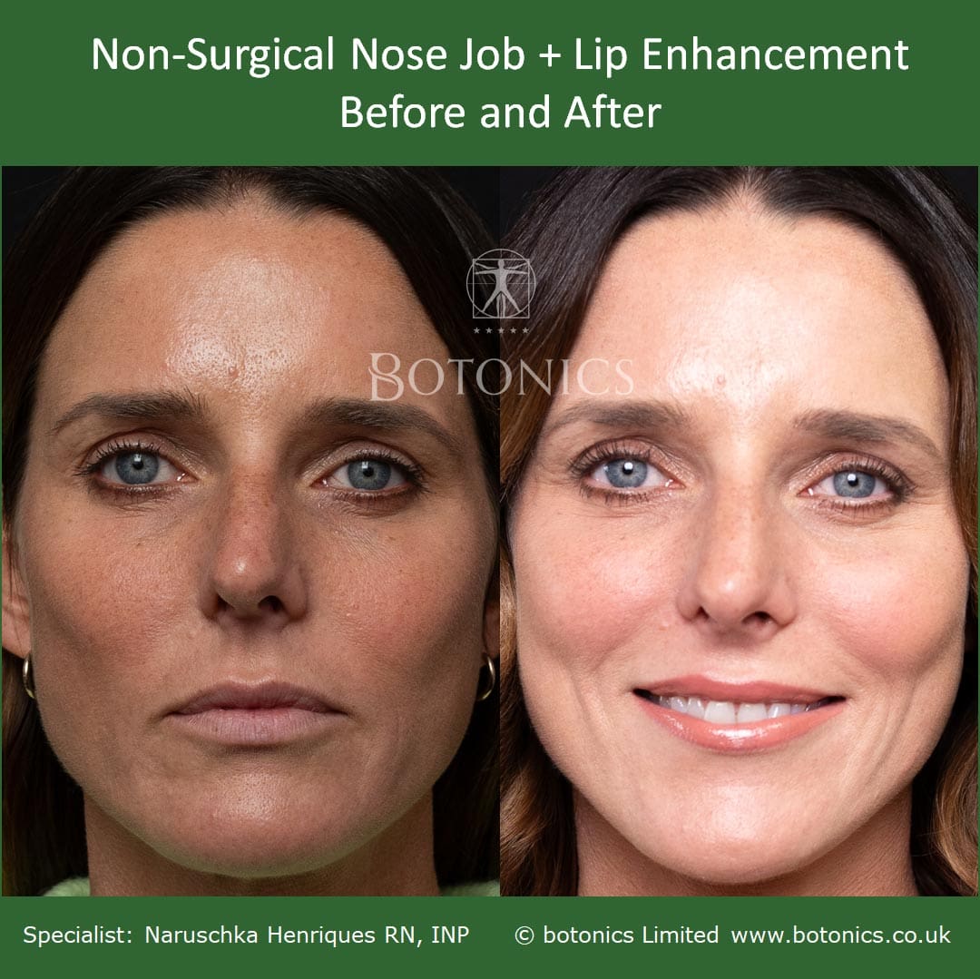 Before and after treatment for liquid rhinoplasty and lip enhancement using dermal filler